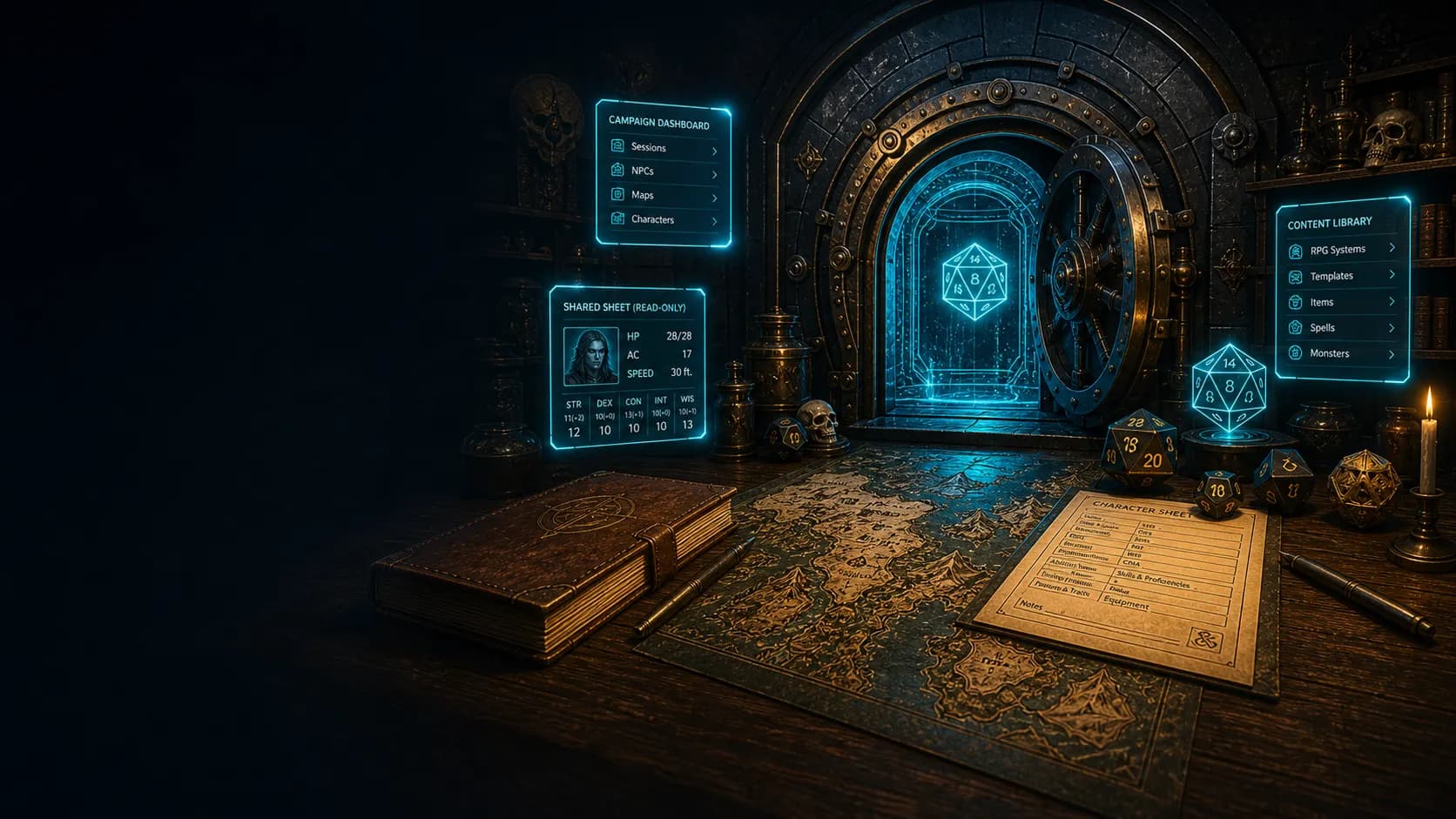TTRPG Vault fantasy and sci-fi vault artwork with tabletop maps, dice, and characters